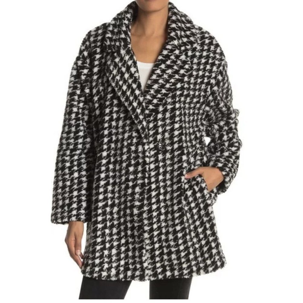 Catherine Malandrino‎ Womens MED Houndstooth Sherpa Mock Wrap Lined Jacket Coat